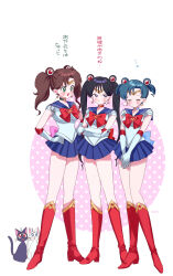  3girls animal arms_across_body artemis_(sailor_moon) artist_name averting_eyes bishoujo_senshi_sailor_moon bishoujo_senshi_sailor_moon_s black_cat blue_bow blue_choker blue_eyes blue_hair blue_sailor_collar blue_skirt blush boots bow bowtie brooch cat choker circlet closed_eyes closed_mouth comedic_sweatdrop commentary_request cosplay crescent crescent_earrings earrings embarrassed flying_sweatdrops gloves green_choker hair_ornament hand_on_own_arm hand_on_own_elbow hands_on_own_hips heart heart_brooch heart_choker highres hino_rei interlocked_fingers jewelry kino_makoto knee_boots leotard long_hair looking_at_another luna_(sailor_moon) magical_girl medium_hair miniskirt mizuno_ami multiple_girls own_hands_together p_m_ame pink_bow red_boots red_bow red_bowtie red_choker red_eyes ringlets sailor_collar sailor_moon sailor_moon_(cosplay) sailor_senshi_uniform short_hair short_twintails skirt standing sweatdrop translation_request twintails v_arms white_background white_cat white_gloves white_leotard 