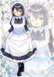  1girl :d ;d apron black_dress black_hair black_shoes blush collared_dress commission contrast_collar dress flower flying_sweatdrops frilled_apron frills glasses green_eyes green_hair grey_pantyhose hair_between_eyes indie_virtual_youtuber juliet_sleeves kou_hiyoyo long_sleeves maid maid_apron maid_headdress morishiro_edaha multicolored_hair one_eye_closed pantyhose puffy_sleeves rose round_eyewear shoes skeb_commission small_sweatdrop smile solo standing streaked_hair sweat two-tone_hair v-shaped_eyebrows virtual_youtuber wavy_mouth white_apron white_flower white_rose zoom_layer 