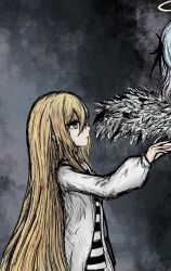  2girls angel_wings black_souls black_souls_2 blonde_hair blood blood_in_hair blue_eyes blue_hair commentary feathered_wings gradient_hair hair_between_eyes halo highres jacket kangbao49 lingeriena_(black_souls) long_hair long_sleeves multicolored_hair multiple_girls open_clothes open_jacket out_of_frame pink_hair profile rachel_gardner reaching reaching_towards_another satsuriku_no_tenshi shirt solo_focus striped_clothes striped_shirt textless_version upper_body very_long_hair white_jacket wings 