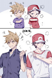  2boys 88_(einnimnech) age_progression aged_down anger_vein bandage_on_forehead bandaid bandaid_on_arm baseball_cap black_shirt blue_oak brown_eyes brown_hair bruise closed_mouth collarbone commentary_request hat highres injury jewelry male_focus multiple_boys necklace parted_lips pointing pointing_at_another pokemon pokemon_red/green/blue/yellow pokemon_sun_and_moon pout puff_of_air red_(pokemon) red_shirt shirt short_hair short_sleeves spiky_hair squiggle teeth white_shirt 