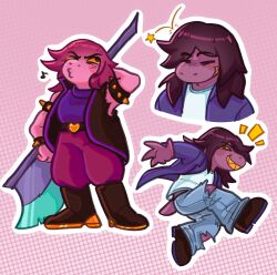  1girl 2025 2d anthro armlet axe black_armlet black_boots black_jacket blue_pants blue_shirt boots colored_sclera colored_skin colored_teeth deltarune digital_media female female_only frostedbeess gradient_background highres holding holding_axe holding_weapon horizontal-striped_clothes jacket lizard lizard_girl lizard_tail long_hair long_sleeves monster monster_girl multiple_views pants pink_background pink_hair pink_skin purple_hair purple_jacket purple_pants purple_skin reptile reptile_girl reptile_tail scalie sharp_teeth shirt sleeveless sleeveless_jacket slit_pupils solo spiked_armlet striped_clothes striped_shirt susie_(dark_world)_(deltarune) susie_(deltarune) tail teeth two-tone_shirt utdr_(toby_fox) weapon white_shirt white_stripes yellow_sclera yellow_teeth 