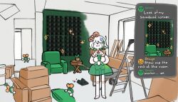  1girl :| acoustic_foam armchair ascot box cardboard_box cecilia_immergreen cecilia_immergreen_(1st_costume) cellphone chair closed_mouth commentary corset discord doll_joints english_commentary expressionless finnjr637 full_body green_corset green_hair grey_hair highres holding holding_phone hololive hololive_english indoors joints ladder limited_palette multicolored_hair otomo_(cecilia_immergreen) phone photo-referenced red_ascot short_hair smartphone sparkle standing stepladder streaked_hair table two-tone_hair virtual_youtuber winding_key 