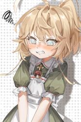  1girl absurdres amulet angry apron blonde_hair blue_eyes blush child clenched_teeth commentary_request cross_pendant embarrassed erwtgdsgs hair_between_eyes highres maid_apron puffy_short_sleeves puffy_sleeves short_hair short_sleeves sketch solo tanya_degurechaff teeth upper_body youjo_senki 
