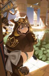  1girl absurdres arknights back_bow black_sandals blue_eyes bow brown_hair brown_jacket brown_tail closed_mouth commentary day ear_piercing fang flower full_body gold_jewelry grey_bow hair_behind_ear head_chain highres hood hood_up hooded_jacket infection_monitor_(arknights) jacket jewelry leaf light_smile long_hair pepe_(arknights) piercing pillar platform_sandals sandals skin_fang solo somder squatting sunlight tail tail_ornament tail_raised tail_ring thighlet toenails toes water white_flower 