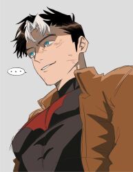  1boy batman_(series) batman_symbol black_bodysuit black_hair blue_eyes bodysuit brown_jacket commentary_request dc_comics eghkhx highres jacket jason_todd korean_commentary male_focus multicolored_bodysuit muscular muscular_male open_clothes red_hood_(dc) red_hood_and_the_outlaws short_hair superhero_costume taut_bodysuit taut_clothes two-tone_bodysuit western_comics_(style) 