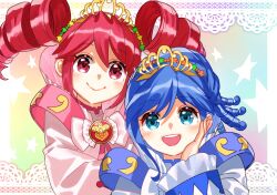  2girls :> :d aqua_eyes bell_sleeves blue_dress blue_hair blush border bow chest_bow closed_mouth colorful_background commentary compact_(cosmetics) cosmetics crest dress drill_hair fine_(fortune_princess)_(futagohime) fine_(futagohime) frilled_dress frilled_sleeves frills fushigiboshi_no_futago_hime gold_tiara hair_between_eyes hair_ornament hand_on_own_cheek hand_on_own_face high_collar highres lace lace_border long_hair long_sleeves looking_at_viewer magical_girl multiple_girls n-bata no_ahoge open_mouth ornate_border outside_border pink_dress print_dress rainbow_background red_eyes red_hair rein_(fortune_princess)_(futagohime) rein_(futagohime) ringlets round_teeth siblings sisters smile star_(symbol) star_hair_ornament star_symbol_background sunny_luce supportasse swept_bangs teeth tiara twin_drills twins upper_body upper_teeth_only very_long_hair white_border white_bow 