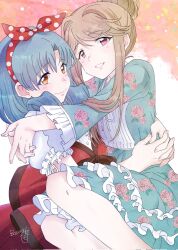  2girls aqua_dress artist_name booing6 brown_hair carrying carrying_person commentary_request curly_hair dress floral_print floral_print_dress frilled_dress frills green_hair grin hair_bun hairband highres idolmaster idolmaster_million_live! long_sleeves looking_at_viewer multiple_girls pink_eyes polka_dot_hairband print_dress red_dress red_hairband rose_print sidelocks single_hair_bun smile tenkubashi_tomoka tokugawa_matsuri yellow_eyes yuri 