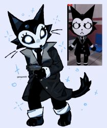 1other animal_ears animal_hospital_(roblox) animal_nose black_coat black_fur black_necktie black_sclera cat_ears cat_tail coat colored_sclera commentary english_commentary full_body furry gengem05 glowing glowing_eyes grey_background gun handgun highres holding holding_gun holding_weapon looking_at_viewer necktie pants pants_rolled_up reference_inset roblox secret_agent_(animal_hospital) secret_agent_(noir)_(animal_hospital) sleeve_cuffs solo tail trench_coat twitter_username weapon whiskers white_eyes white_fur