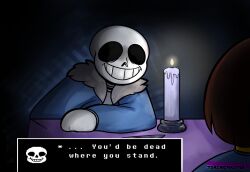  1boy 1other 2026 2d ambiguous_gender arm_rest artist_name black_background blue_jacket blue_sweater brown_hair candle commentary commission dark dark_background dialogue_box digital_media english_commentary english_text frisk_(undertale) fur-trimmed_jacket fur_trim grey_fur highres hollow_eyes horizontal-striped_clothes human humanoid jacket long_sleeves male male_focus monster monster_boy pink_stripes sans_(undertale) short_hair skeleton solo_focus striped_clothes striped_sweater sweater table teeth text torchicmaster two-tone_sweater undead undertale utdr_(toby_fox) video_game_dialogue_box watermark 