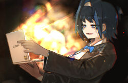  1girl absurdres advarcher black_jacket blue_bow blue_bowtie blue_eyes blue_hair bow bowtie breasts collared_shirt commentary computer crying crying_with_eyes_open earrings english_commentary hair_intakes hairband highres holding holding_laptop hololive hololive_english jacket jewelry laptop lenovo long_sleeves meme open_mouth ouro_kronii shirt short_hair solo tears virtual_youtuber white_hairband white_shirt 