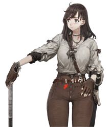  1girl :| alternate_costume arrow_(symbol) auyn_awinaz_(navigavi) belt belt_buckle black_shirt boots breasts bright_pupils brown_belt brown_boots brown_gloves brown_hair brown_pants buckle buttons cane casual choker closed_mouth collarbone commentary_request cowboy_shot cropped expressionless eyelashes fingerless_gloves gloves grey_eyes hand_on_own_hip high-waist_pants jewelry jun_(navigavi) leather leather_belt leather_gloves legs_apart light_blush light_frown long_sleeves looking_to_the_side loose_clothes loose_shirt medium_breasts medium_hair necklace nose original pants revision sam_browne_belt scabbard sheath sheathed shirt shirt_tucked_in shirt_under_shirt simple_background solo standing sword tight_clothes tight_pants weapon white_background white_pupils white_shirt 
