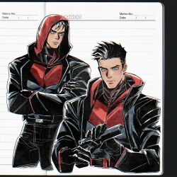  1boy absurdres batman_(series) batman_symbol black_bodysuit black_gloves black_hair black_jacket blue_eyes bodysuit commentary_request dc_comics gloves highres hood hoodie jacket jason_todd male_focus multicolored_bodysuit muscular muscular_male open_clothes red_hood_(dc) red_hoodie rfnyn17381 short_hair superhero_costume taut_bodysuit taut_clothes two-tone_bodysuit western_comics_(style) 