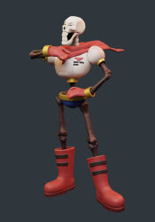  1boy 2022 3d armor blender_(medium) blue_shorts boots cape closed_eyes closed_mouth commentary contrapposto digital_media english_commentary full_body gloves grey_background hand_on_own_hip highres hip_bones humanoid legs_apart male male_focus male_only monster monster_boy nightleyarts papyrus_(undertale) print_armor red_boots red_cape red_gloves shorts simple_background skeleton solo spine standing teeth undead undertale utdr_(toby_fox) white_armor yellow_trim zbrush_(medium) 