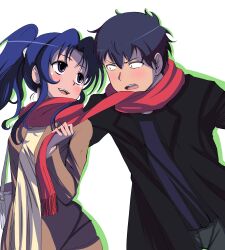  1boy 1girl absurdres assertive_female bag blue_hair blush cardigan casual commentary_request eye_contact grapingu hetero highres kawashima_ami long_hair looking_at_another open_mouth ponytail pulling_another's_clothes red_scarf scarf scarf_pull short_hair shoulder_bag smile takasu_ryuuji toradora! white_background 