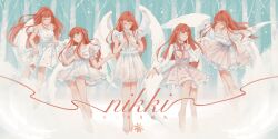  5girls :o absurdres adapted_costume alternate_language angel angel_wings bare_arms bare_legs bare_shoulders bare_tree barefoot belt bloom_poetry_(shining_nikki) blouse blue_sky bow bowtie bra_strap brown_eyes character_name chinese_commentary chinese_text closed_eyes closed_mouth commentary_request curtsey day dress expressionless feathered_wings finger_to_cheek forest frilled_shirt frilled_sleeves frills full_body hair_undone hand_on_own_chest happy happy_birthday head_tilt highres holding_own_dress infinity_nikki interlocked_fingers jingyanyan knees layered_skirt leaning_forward long_hair long_sidelocks long_sleeves looking_ahead looking_at_another medium_dress medium_skirt miracle_nikki multiple_girls multiple_persona nature nikki_(nikki) nikki_(series) nikki_up2u nikki_up2u2:_world_traveller off-shoulder_shirt off_shoulder outdoors own_hands_clasped own_hands_together parted_lips perfect_start_(infinity_nikki) pinafore_dress pink_hair pleated_skirt praying print_skirt puffy_long_sleeves puffy_sleeves shining_nikki shirt short_dress short_sleeves sidelocks skirt skirt_set sky sleeveless sleeveless_dress sleeveless_shirt sleeves_past_wrists smile snow snowflake_print snowing spring_waltz_(nikki) strapless strapless_dress translation_request tree turtleneck turtleneck_shirt very_long_hair white_bow white_bowtie white_dress white_shirt white_skirt white_wings wings winter 