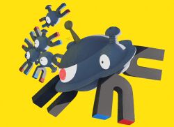  ewokakukaede floating magnemite magnet magneton magnezone metal_skin no_humans one-eyed pokemon pokemon_(creature) pokemon_focus radio_antenna red_eyes screw yellow_background 