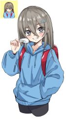  1girl backpack bag blush commentary food grey_eyes grey_hair highres hood hoodie ice_cream long_hair looking_at_viewer momendoufu original randoseru reference_inset shorts sketch smile 