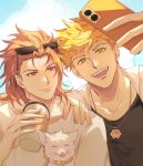  2boys animal bangs black_tank_top blonde_hair cat closed_mouth clouds coffee_cup cup day disposable_cup eyewear_on_head granblue_fantasy green_eyes highres holding holding_cup holding_phone jewelry male_focus multiple_boys necklace open_clothes open_mouth open_shirt outdoors percival_(granblue_fantasy) phone red_eyes redhead selfie shadow_skg shirt short_hair sky smile sunglasses tank_top upper_body vane_(granblue_fantasy) white_cat white_shirt 