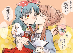  2girls booing6 book brown_hair choker closed_eyes commentary_request cup curly_hair dress green_hair hair_bun hairband heart heart_choker holding holding_book holding_cup idolmaster idolmaster_million_live! mug multiple_girls one_eye_closed open_book polka_dot_hairband red_dress red_hairband sidelocks single_hair_bun speech_bubble tenkubashi_tomoka tokugawa_matsuri translation_request yuri 
