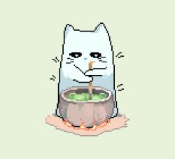  alchemy animal animal_focus bright_pupils bubble cat cauldron decomposedmaw fire ghost green_liquid highres holding mixing motion_lines no_humans original pixel_art potion stirring stirring_rod white_background white_pupils 
