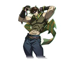  1boy abs adjusting_clothes alpha_transparency battle_tendency belt black_gloves blue_pants brown_belt brown_hair covered_abs crop_top fingerless_gloves gloves green_eyes halftone halftone_background headband highres jojo_no_kimyou_na_bouken joseph_joestar joseph_joestar_(young) leaning_back male_focus muscular muscular_male official_art pants parted_lips pectorals purple_headband scarf smile solo striped_clothes striped_scarf transparent_background 