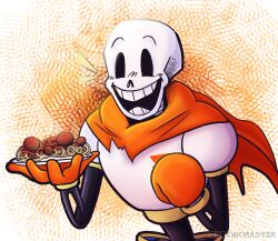  1boy 2026 2d armor artist_name blue_shorts cape clenched_hand commentary digital_media english_commentary food gloves hands_up highres hip_bones holding holding_food holding_plate hollow_eyes humanoid male male_focus male_only monster monster_boy open_mouth orange_background papyrus_(undertale) pasta plate print_armor red_cape red_gloves shorts skeleton smile solid_eyes solid_oval_eyes solo spaghetti spaghetti_and_meatballs spine teeth torchicmaster two-tone_background undead undertale upper_body utdr_(toby_fox) watermark white_armor white_background yellow_trim 