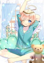  1boy ;) ahoge arm_behind_head arms_up barefoot blonde_hair blue_eyes blue_pajamas blue_shirt blue_shorts blurry blurry_foreground closed_mouth collarbone collared_shirt commission copyright_request curtains depth_of_field dress_shirt frilled_pillow frills heart heart-shaped_pillow indoors kou_hiyoyo male_focus one_eye_closed pajamas pillow shirt short_sleeves shorts sitting skeb_commission smile solo stuffed_animal stuffed_toy teddy_bear virtual_youtuber white_wings window wings 
