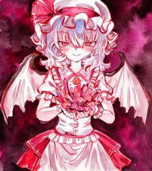  1girl back_bow bat_wings blue_hair bow closed_mouth commentary_request fossilized_wonders frilled_wrist_cuffs frills hair_between_eyes hat hat_ribbon highres holding kabaji medium_hair mob_cap pink_hat pink_shirt pink_skirt puffy_short_sleeves puffy_sleeves red_bow red_eyes red_wrist_cuffs remilia_scarlet ribbon shirt short_sleeves skirt skirt_set smile solo touhou wings wrist_cuffs 