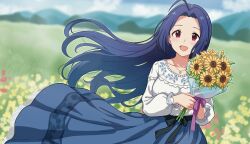  1girl :d ahoge blue_hair blue_skirt bouquet commentary_request day field floating_hair highres holding holding_bouquet idolmaster idolmaster_(classic) idolmaster_million_live! idolmaster_million_live!_theater_days jewelry long_hair looking_at_viewer milliani miura_azusa miura_azusa_(private_dress) necklace official_alternate_color official_alternate_costume open_mouth outdoors red_eyes shirt skirt smile solo standing white_shirt 