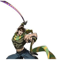  1boy abs alpha_transparency battle_tendency blue_pants brown_hair covered_abs crop_top fingerless_gloves gloves green_eyes highres jojo_no_kimyou_na_bouken joseph_joestar joseph_joestar_(young) male_focus midriff midriff_peek muscular muscular_male official_art open_mouth outstretched_arm pants pectorals scarf smile solo striped_clothes striped_scarf transparent_background 