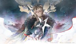  1boy :| absurdres aircraft animal_ears arknights aurora bear_boy bear_ears black_gloves black_hat blending blonde_hair blue_eyes cape chinese_commentary closed_mouth coat commentary_request curtained_hair facing_viewer flag fur-trimmed_cape fur_trim fyodor_vladimirovich_(arknights) gloves grey_cape hair_between_eyes hair_over_shoulder hand_on_own_chest hat highres holding holding_flag long_hair long_sleeves looking_at_another looking_down male_focus melting military_vehicle motor_vehicle night out_of_frame people reaching reaching_towards_another red_ribbon ribbon russian_text single_drill sleeve_cuffs snow solo_focus star_(symbol) tank thorns upper_body white_coat yurodstvo_(arknights) yuyuluochenchaoyexiange 