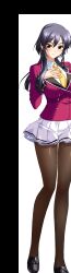 1girl absurdres arm_at_side black_hair black_shoes breasts brown_pantyhose buttons closed_mouth covered_groin double-breasted dress_shirt emblem game_asset hand_on_own_chest highres jacket kanami_(bishop) kugayama_natsuki lapels large_breasts loafers long_hair long_sleeves miniskirt necktie non-web_source oppai_heart pantyhose pink_eyes pink_lips pleated_skirt purple_jacket school_uniform self-datamine shirt shoes skirt solo standing tachi-e transparent_background white_shirt white_skirt yellow_necktie 