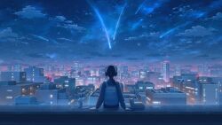  1girl absurdres animal arms_at_sides backpack bag black_hair blue_sky building can cat cellphone city clouds commentary commission drink_can english_commentary facing_away from_behind headphones highres listening_to_music long_hair meteor_shower night original outdoors phone ponytail scenery shinasty sky skyscraper smartphone solo star_(sky) starry_sky straight_hair white_cat 