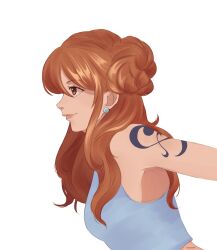  1girl absurdres alternate_costume alternate_hairstyle breasts brown_eyes closed_mouth cocoyashin crop_top earrings from_side highres jewelry lips long_hair medium_breasts nami_(one_piece) one_piece orange_hair pearl_earrings pink_lips profile shoulder_tattoo sidelocks smile solo spanish_commentary tank_top tattoo upper_body white_background white_tank_top 