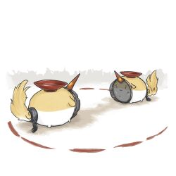  :3 commentary cuffs cuneigram cup horns hoshiguma_yuugi looking_at_another no_humans red_horns sakazuki shackles simple_background single_horn sukusuku_hakutaku sumo_ring touhou white_background 