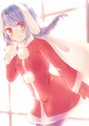  100_orange_juice 1girl absurdres aru_(orange_juice) axes_(axes1125) blue_hair blue_pantyhose braid commentary dress floppy_ears fur-trimmed_sleeves fur_trim highres long_hair long_sleeves mittens pantyhose pom_pom_(clothes) red_dress red_eyes red_mittens sack scarf solo white_scarf 