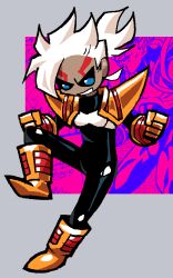  1girl alternate_skin_color aqua_background armor baby_vegeta baby_vegeta_(cosplay) black_bodysuit blue_eyes bodysuit boots clenched_hands cosplay dark-skinned_female dark_skin dragon_ball dragon_ball_gt dynamic_pose edith_(teknodice) evil_grin evil_smile floating full_body gloves gold_boots gold_gloves gold_shoulder_pads grin hair_bun levitation looking_down pink_background reference_inset saiyan_armor short_hair shoulder_armor smile solo solo_focus spandex spiky_hair teknodice two-tone_background veiny_face white_hair yellow_boots yellow_gloves 