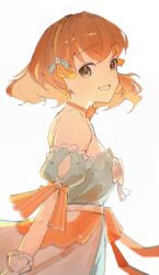  1girl bare_shoulders blue_dress bow bow_choker breasts celebration!_(love_live!) choker commentary detached_sleeves dress from_side grin hairband highres hinoshita_kaho looking_at_viewer love_live! love_live!_hasu_no_sora_jogakuin_school_idol_club medium_breasts orange_bow orange_choker orange_hair playlist/"ano_hi" puffy_detached_sleeves puffy_short_sleeves puffy_sleeves short_sleeves simple_background smile solo strapless strapless_dress virtual_youtuber white_background yellow_hairband zen66574227 
