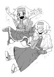 2girls :d absurdres alice_margatroid ascot boots capelet cigarette collared_capelet commentary_request cookie_(touhou) extreme_tuna_can_non_oil finger_gun frilled_hairband frilled_sash frills full_body gloves greyscale hair_over_eyes hairband highres ichigo_(cookie) jigen_(cookie) jumping long_bangs looking_at_viewer monochrome multiple_girls open_mouth sash shoes short_hair simple_background smile smoking socks touhou 