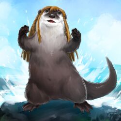  1girl animal animal_focus animal_with_hair animalization braid brown_hair day full_body highres hold111 idolmaster idolmaster_million_live! kousaka_umi long_hair looking_at_viewer no_humans outdoors sea_otter solo twin_braids water 