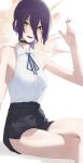  1girl absurdres bare_shoulders blue_ribbon blush chainsaw_man cropped crossed_legs explosion film_grain fingernails green_eyes grenade_pin hair_between_eyes highres lower_teeth open_mouth purple_hair reze_(chainsaw_man) ribbon shirt_tucked_in short_hair so_shio solo teeth tongue 