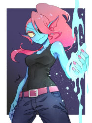  1girl 2d absurdres anthro belt black_eyepatch black_tank_top blue_skin border breasts closed_mouth colored_sclera colored_skin colored_teeth covered_navel digital_media ear_fins eyepatch female female_only fins fish fish_girl head_fins highres long_hair monster monster_girl noah_(tettsui-sole) pants pink_belt pink_hair pink_nails ponytail red_hair sharp_teeth slit_pupils solo tank_top teeth undertale undyne utdr_(toby_fox) white_border yellow_sclera yellow_teeth 