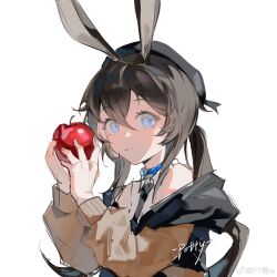  1girl amiya_(arknights) apple arknights bare_shoulders beret black_hair black_hat black_necktie blue_collar blue_eyes brown_cardigan cardigan chinese_commentary closed_mouth collar commentary_request expressionless food fruit hair_between_eyes hat highres holding holding_food holding_fruit long_hair long_sleeves looking_at_viewer necktie off_shoulder py_jun_w signature simple_background sketch solo upper_body watermark weibo_watermark white_background 