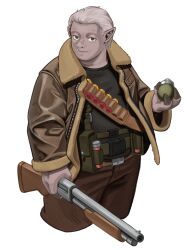  1boy ammunition ammunition_belt bandolier belt bomber_jacket brown_eyes brown_pants colored_skin commentary cowboy_shot english_commentary explosive grenade grey_hair grey_skin gun highres holding holding_gun holding_weapon jacket load-bearing_vest pants paul_1ng pawn_(rimworld) pig_boy pig_nose pigskin_(rimworld) pointy_ears rimworld shotgun shotgun_shell weapon 