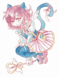  1girl absurdres alternate_costume animal_ears belt blue_tail blue_thighhighs blush cat_ears cat_girl cat_tail chiaki_(blue_archive) danganronpa_(series) danganronpa_2:_goodbye_despair falsminty game_boy hair_ornament handheld_game_console highres holding holding_wand juliet_sleeves long_sleeves looking_at_viewer magical_girl mini_wings nanami_chiaki painting_(medium) pink_belt pink_eyes pink_hair pink_ribbon pink_shoes puffy_sleeves ribbon rocket_hair_ornament shoes signature skirt solo striped_clothes striped_skirt tail tail_ornament tail_ribbon thigh-highs traditional_media vertical-striped_clothes vertical-striped_skirt wand watercolor_(medium) wings yellow_trim 