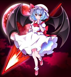  1girl absurdres anime_coloring bat_wings blue_hair combat2000_(kuroneko) commentary_request frilled_skirt frills full_body full_moon hat hat_ribbon highres mob_cap moon pink_shoes red_eyes red_moon red_ribbon remilia_scarlet ribbon shirt shoes short_hair skirt socks solo spear_the_gungnir touhou white_hat white_shirt white_skirt white_socks wings wrist_cuffs 
