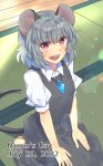  1girl :d animal_ear_fluff animal_ears bangs barefoot blush breasts collared_shirt commentary_request crystal dated full_body grey_hair grey_skirt grey_vest hands_on_lap highres jewelry lens_flare looking_at_viewer mouse_ears mouse_girl mouse_tail nayozane_(worker7) nazrin open_mouth pendant red_eyes round_teeth seiza shirt short_hair short_sleeves sitting skirt skirt_set small_breasts smile solo tail tatami teeth touhou vest white_shirt 
