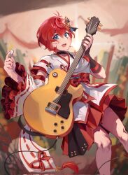  1girl bennett_soap blue_eyes blurry blurry_background corrupted_twitter_file detached_sleeves electric_guitar feet_out_of_frame guitar highres holding holding_guitar holding_instrument holding_plectrum idolmaster idolmaster_million_live! idolmaster_million_live!_theater_days instrument japanese_clothes julia_(idolmaster) julia_(new_wind_crimson)_(idolmaster) kimono official_alternate_costume plectrum red_hair red_skirt short_hair skirt solo standing white_kimono 