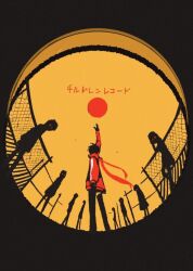  1boy black_border border children_record_(vocaloid) commentary from_behind from_below full_body jacket kagerou_project kisaragi_shintarou long_sleeves male_focus mitsubachi_(roundbee) reaching red_jacket red_scarf round_border scarf short_hair solo_focus song_name standing yellow_background 