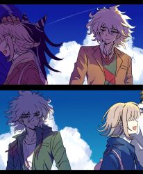  2girls 3boys :d black_hair brown_hair clouds danganronpa_(series) danganronpa_2:_goodbye_despair danganronpa_3_(anime) day green_jacket hair_horns highres hinata_hajime hope's_peak_academy_school_uniform jacket kmnm_1403 komaeda_nagito medium_hair mioda_ibuki multiple_boys multiple_girls nanami_chiaki nidai_nekomaru open_clothes open_jacket outdoors print_shirt school_uniform shirt smile striped_clothes striped_vest vest white_hair 